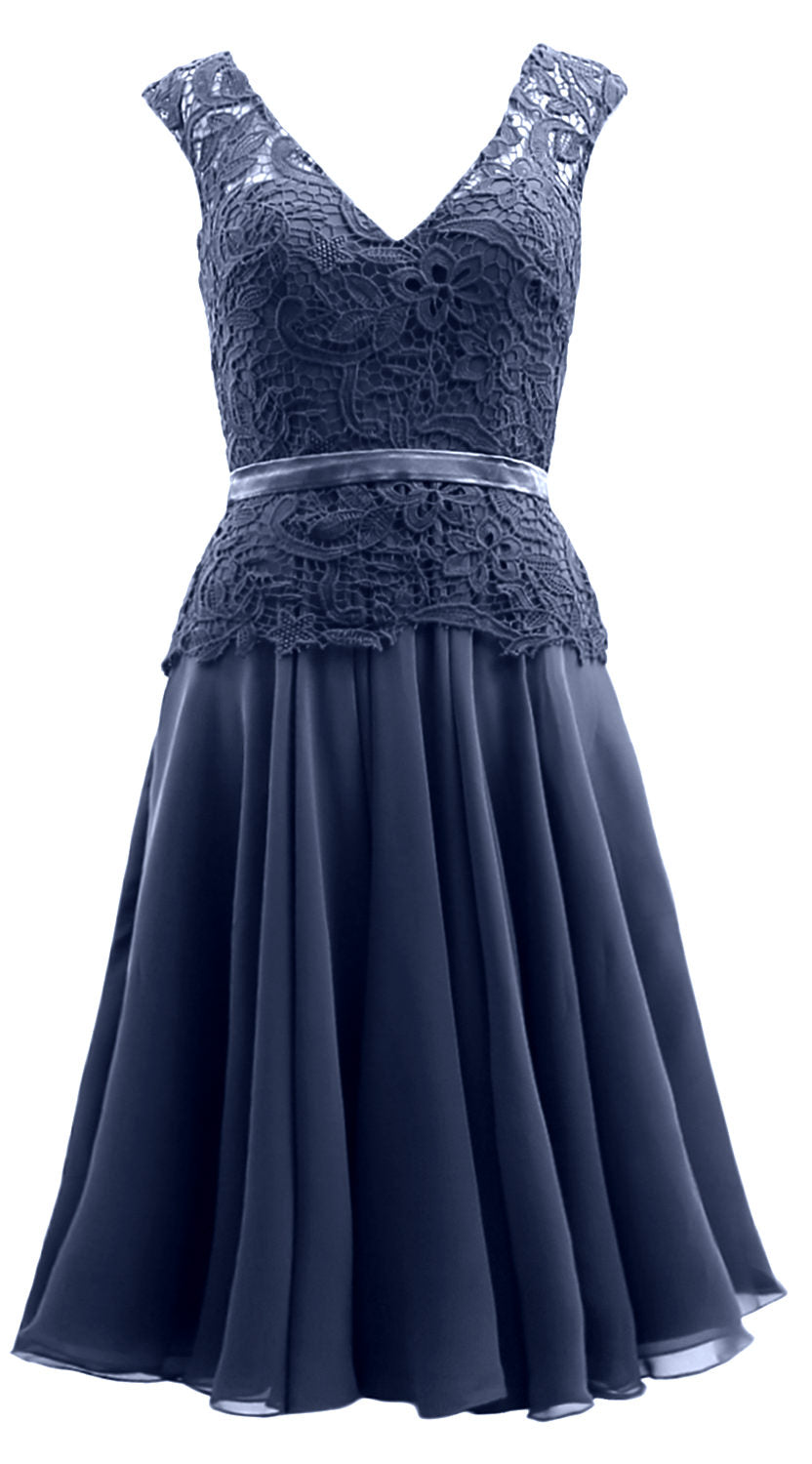 MACloth Women V Neck Lace Chiffon Party Formal Gown Midi Mother of Bride Dress