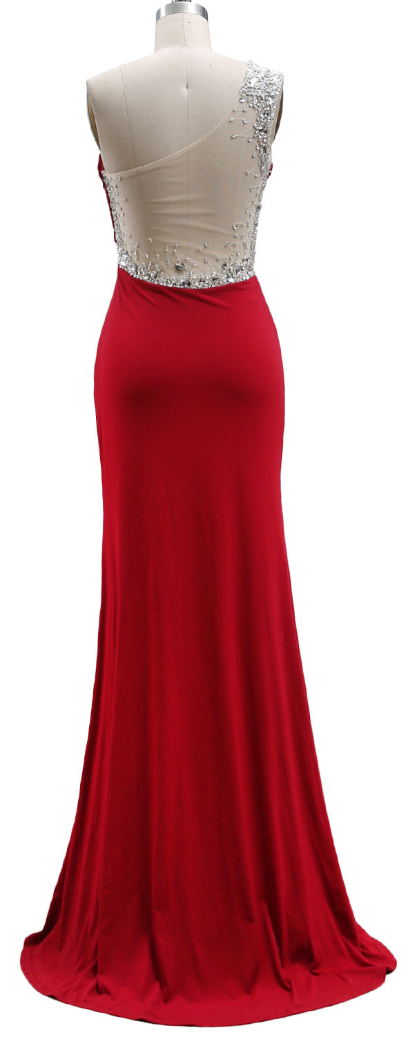 MACloth One Shoulder Prom Dresses with Split Mermaid Jersey Evening Formal Gown