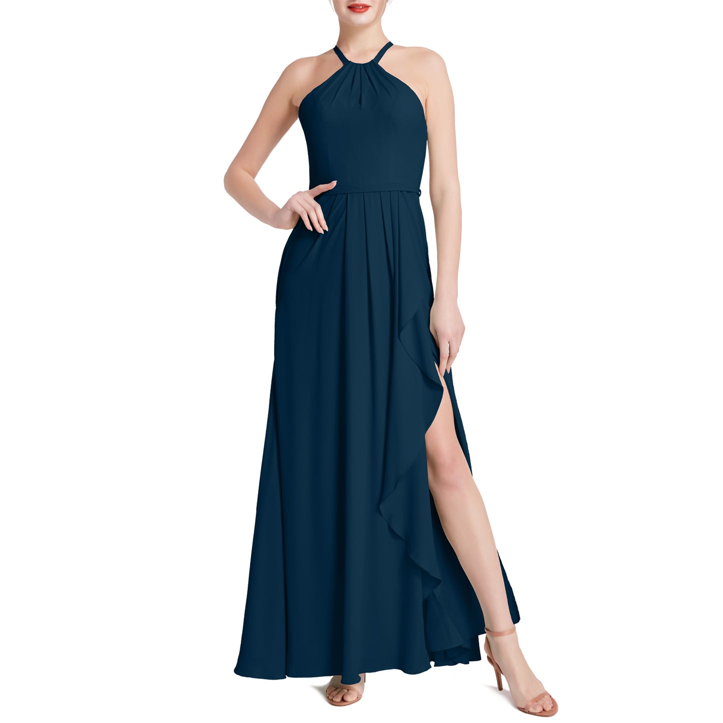 MACloth Damen Neckholder Langes Maxikleid für Hochzeit, Party, Brautjungfern, mit drapiertem Schlitz