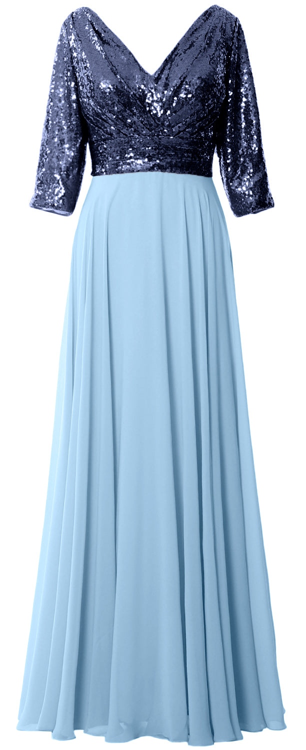 MACloth Damen Maxikleid mit langen Ärmeln und V-Ausschnitt und Pailletten