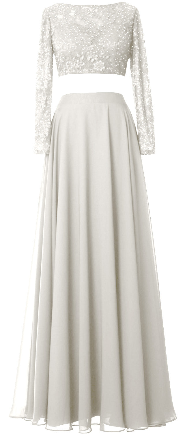 MACloth Damen Abendkleid aus Spitze und Chiffon, 2-teilig, lange Ärmel, Ballkleid