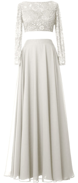 MACloth Women Lace Chiffon Formal Evening Gown 2 Piece Long Sleeves Prom Dresses