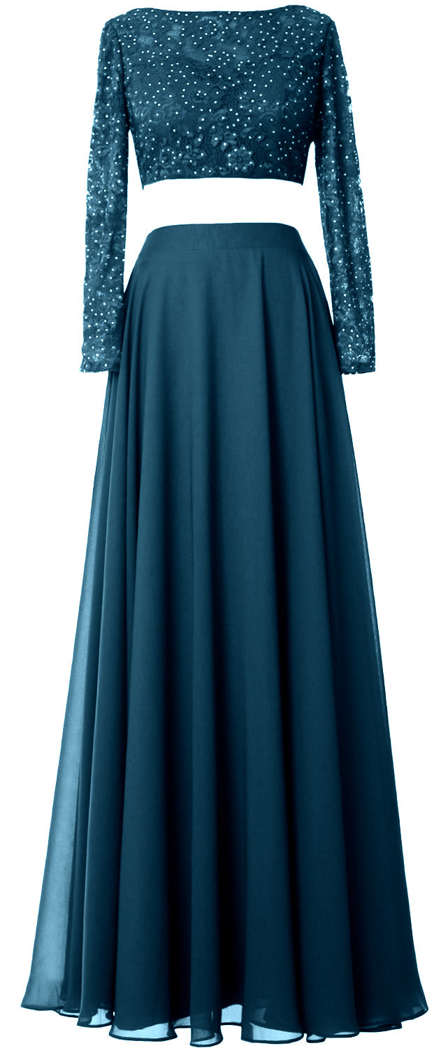MACloth Damen Abendkleid aus Spitze und Chiffon, 2-teilig, lange Ärmel, Ballkleid