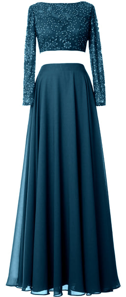 MACloth Women Lace Chiffon Formal Evening Gown 2 Piece Long Sleeves Prom Dresses