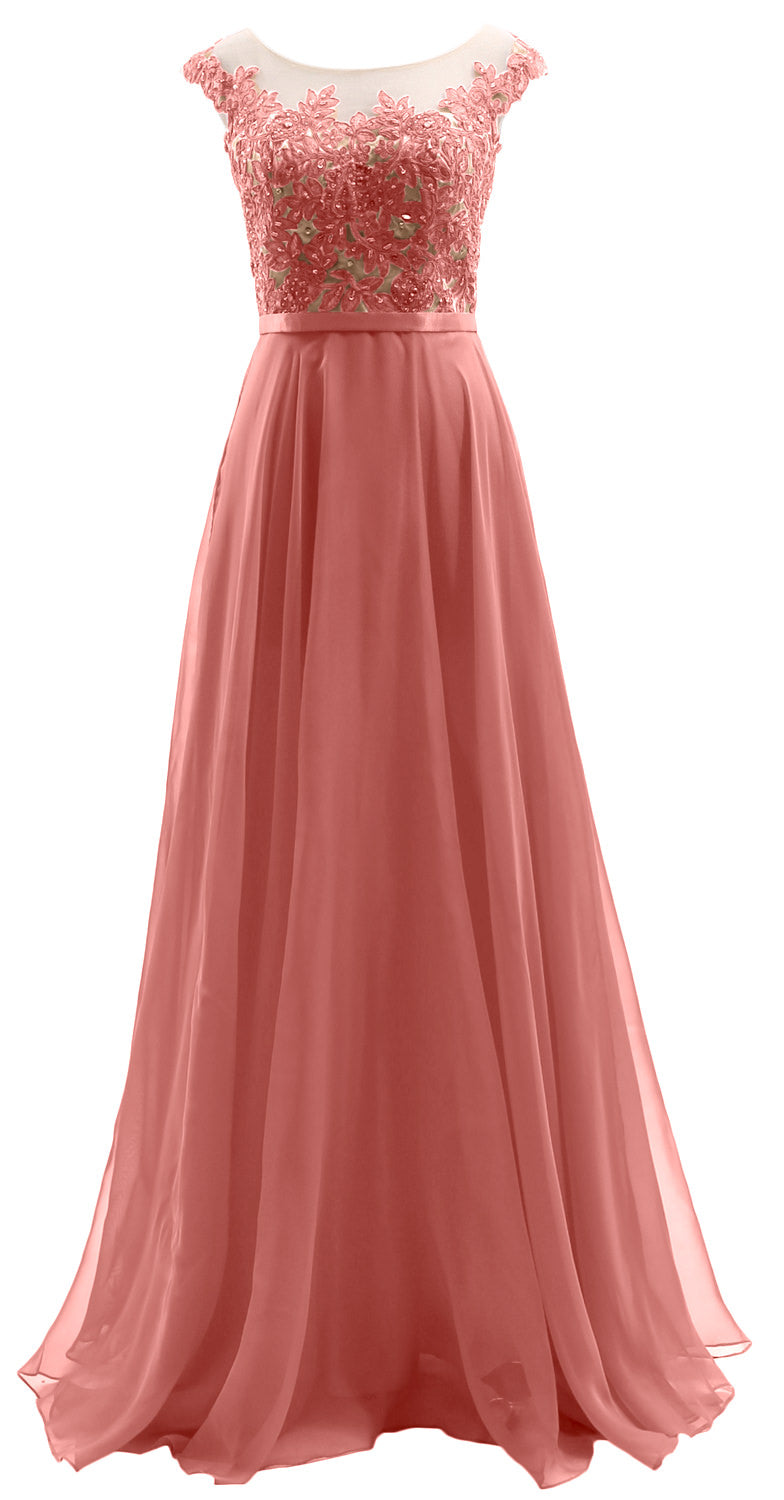 MACloth Cap Sleeves Illusion Long Prom Dress Lace Chiffon Wedding Party Dress