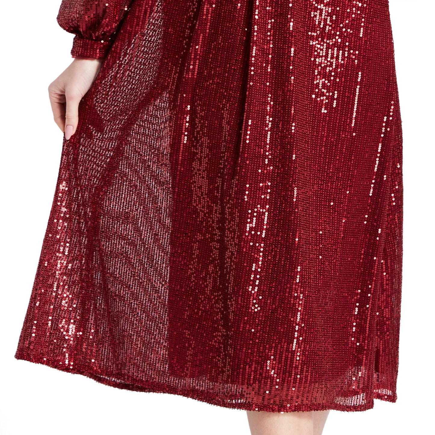 MACloth Women Tea Length Long Puff Sleeve Empire Sequin Cocktail Party Dresses