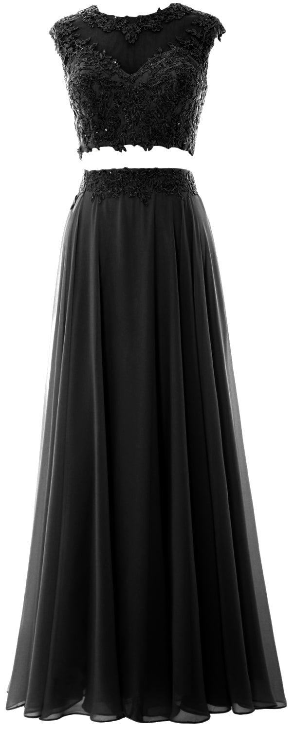 MACloth Vestido largo de fiesta de 2 piezas para mujer, de gasa con encaje, vestido formal de noche para fiesta