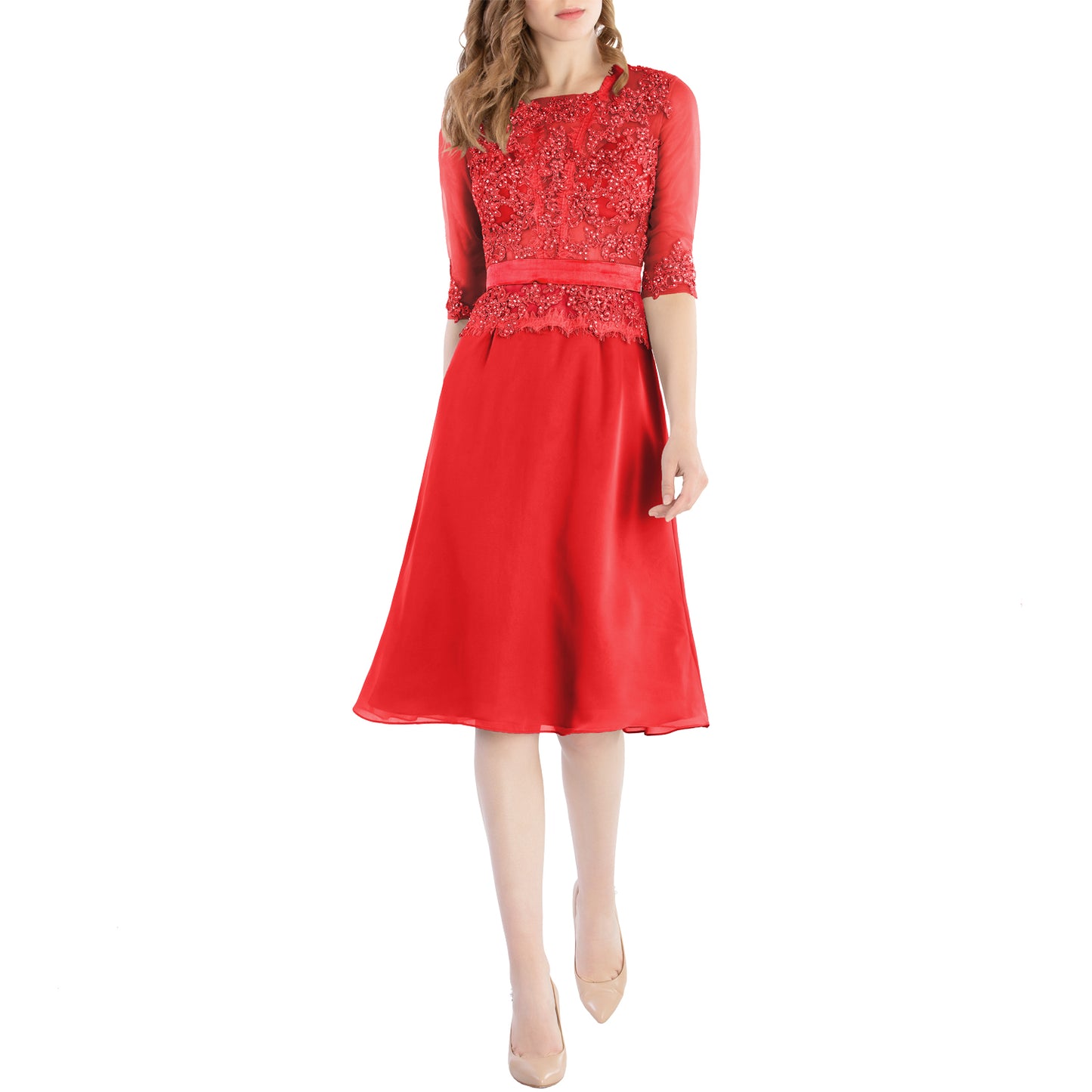 MACloth Damen-Kleid mit Rundhalsausschnitt, Perlenspitze, kurze Halbärmel, für die Brautmutter, Hochzeit, Brautparty