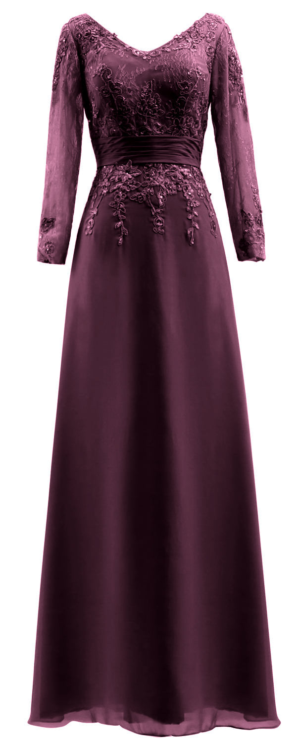 MACloth Vestidos de madre de la novia Mangas largas Cuello en V Encaje Vestido de noche formal