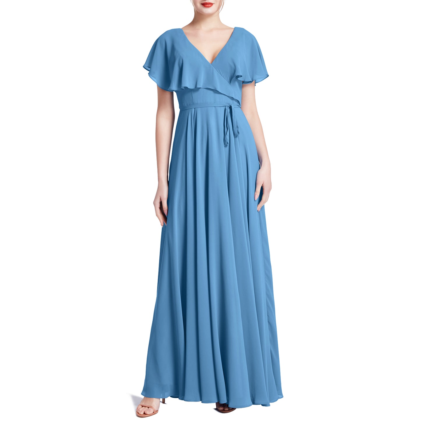 MACloth Women V Neck Ruffle BatWing Short Sleeve Maxi Wedding Bridesmaid Dresses