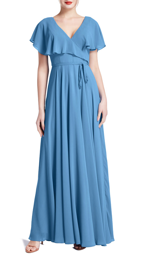 MACloth Women V Neck Ruffle BatWing Short Sleeve Maxi Wedding Bridesmaid Dresses