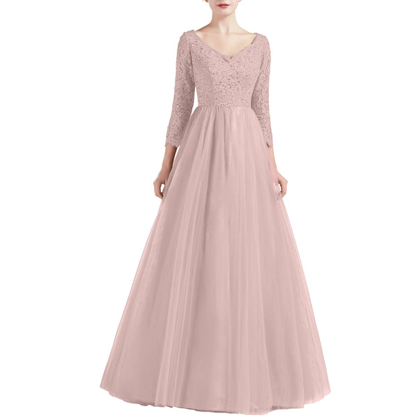 MACloth Women V Neck 3/4 Sleeve Long Tulle Prom Party Dresses Ball Gown Bridal