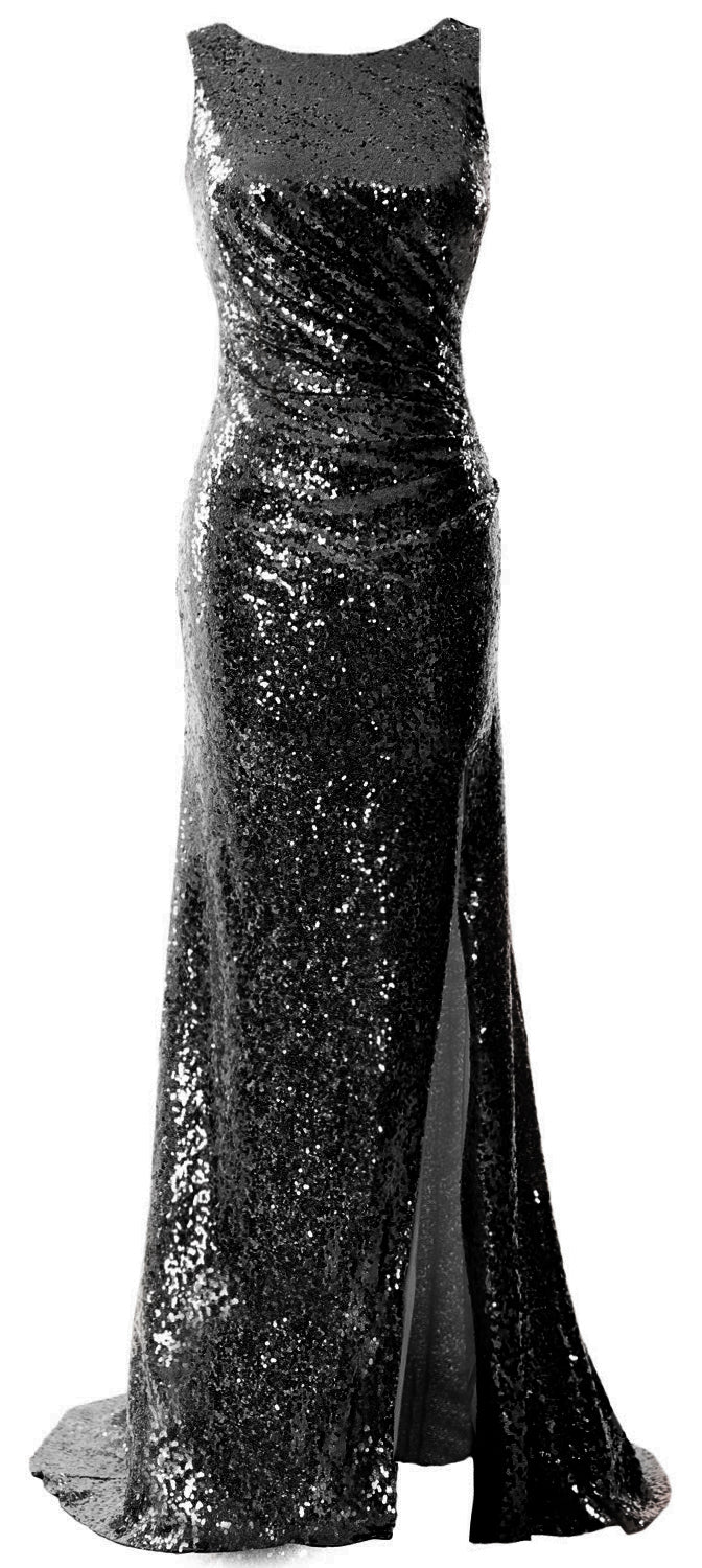 MACloth Women Sequin Long Bridesmaid Dresses Cowl Back Prom Evening Gown Split