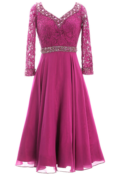 MACloth Women 3/4 Sleeve Lace Wedding Tea Length Mother of Bride Dresses Midi