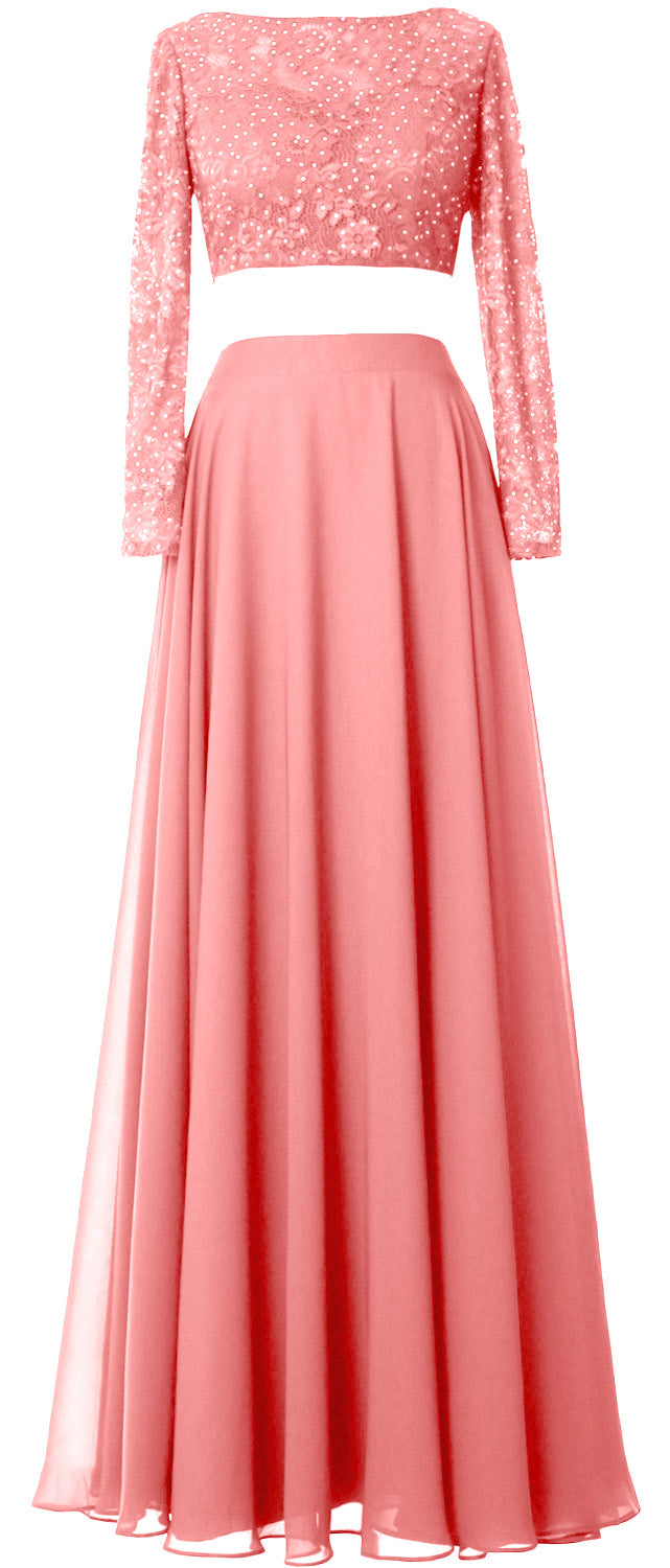 MACloth Damen Abendkleid aus Spitze und Chiffon, 2-teilig, lange Ärmel, Ballkleid