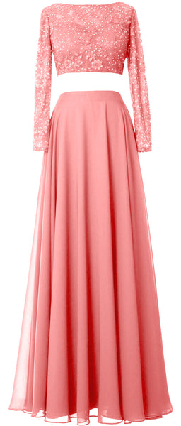 MACloth Women Lace Chiffon Formal Evening Gown 2 Piece Long Sleeves Prom Dresses