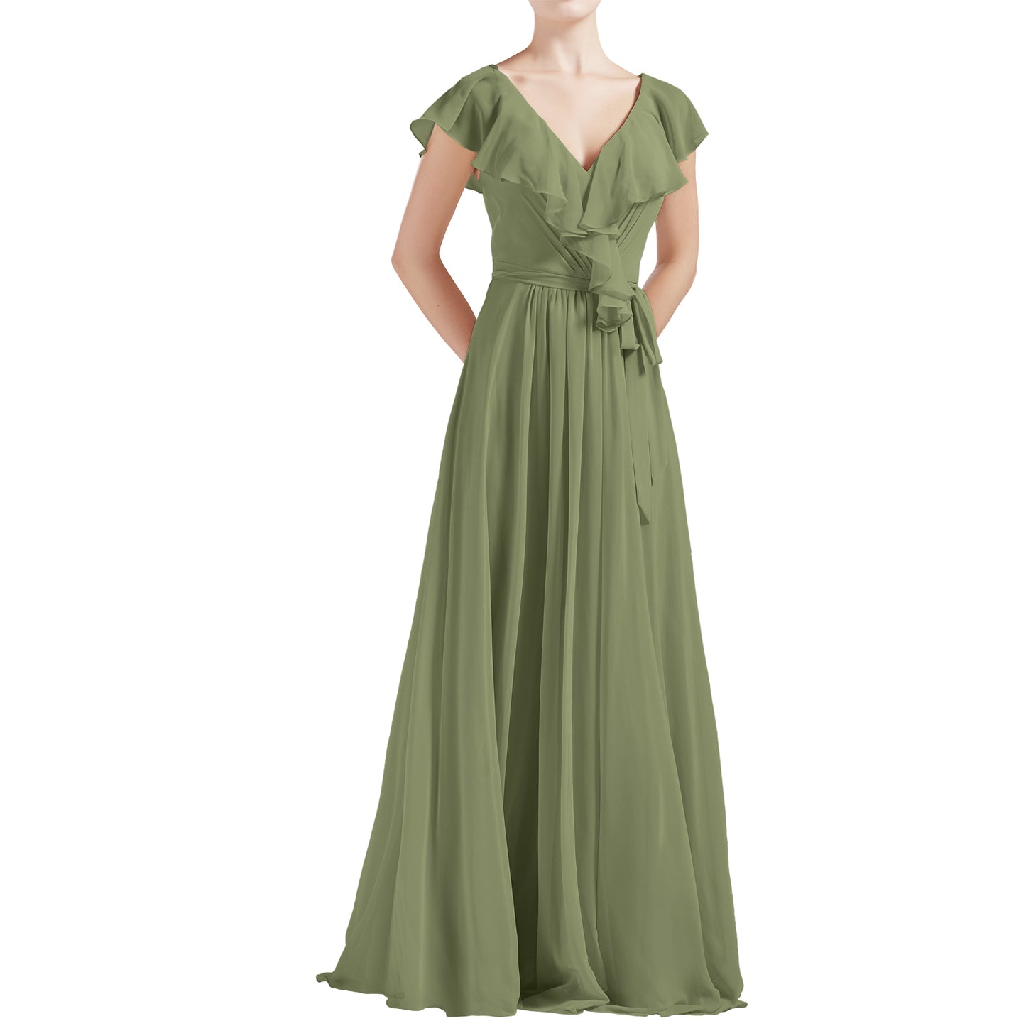 MACloth Women V Neck Ruffle Cap Sleeves Long Bridesmaid Dresses