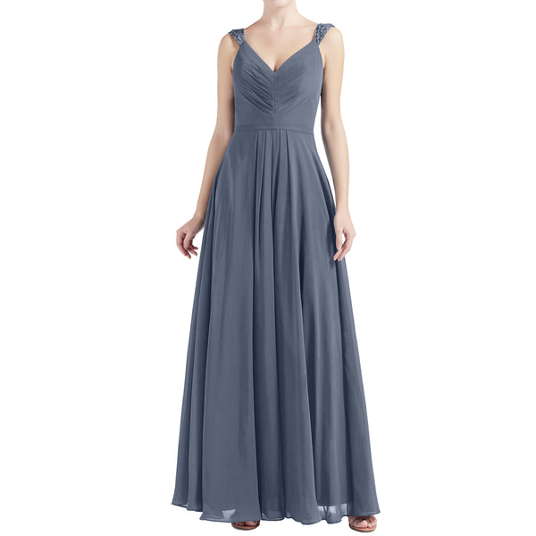 MACloth Women V Neck Lace Chiffon A Line Maxi Wedding Party Bridesmaid Dresses
