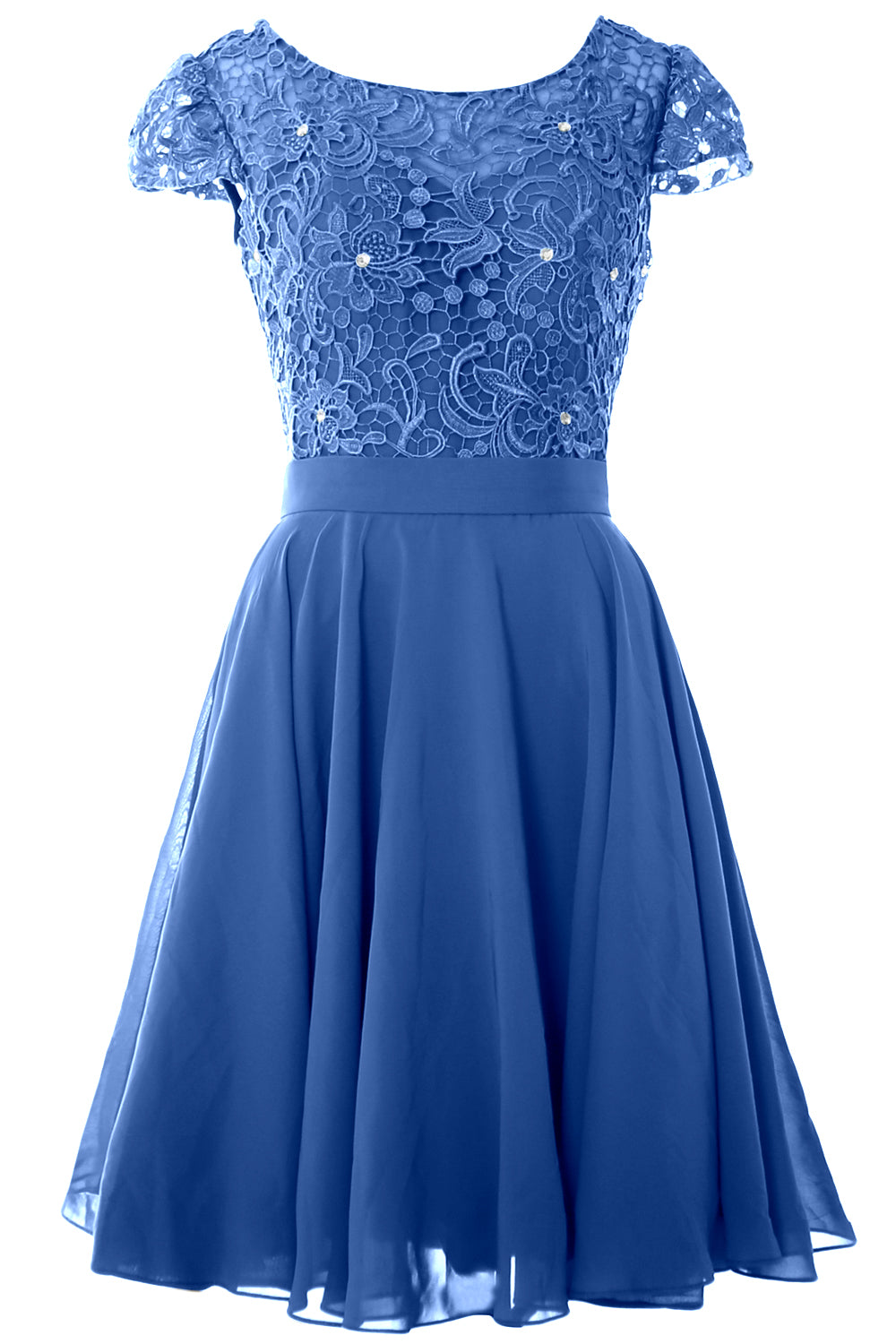 MACloth Women Short Cap Sleeve Lace Wedding Bridesmaid Mother Dresses Homecoming Royal Blue / Tea Length / US16