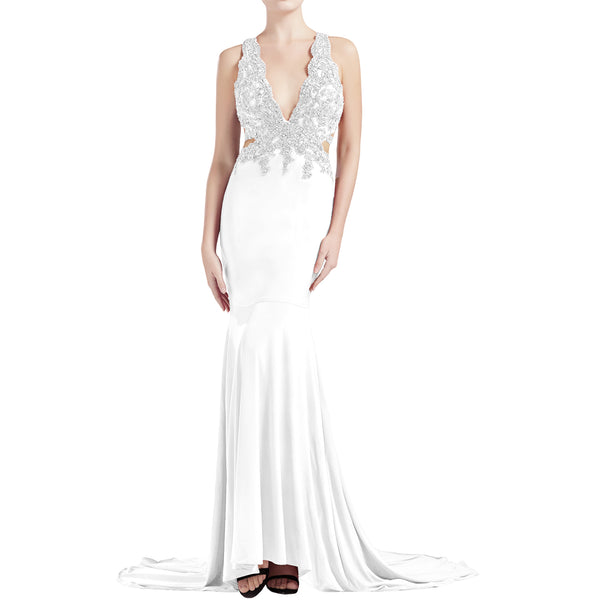 MACloth Women Mermaid V Plunging Neck Lace Long Prom Dresses Formal Evening Gown