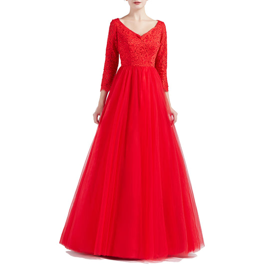 MACloth Mujeres Escote en V Manga 3/4 Largo Tul Vestidos de Fiesta de Graduación Vestido de Novia