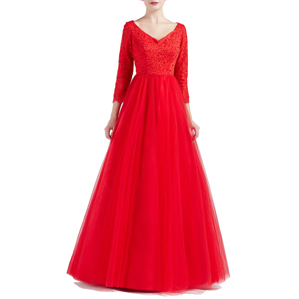 MACloth Women V Neck 3/4 Sleeve Long Tulle Prom Party Dresses Ball Gown Bridal