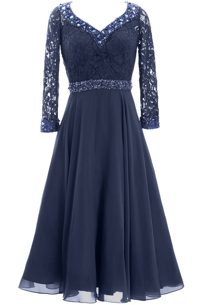 MACloth Women 3/4 Sleeve Lace Wedding Tea Length Mother of Bride Dresses Midi