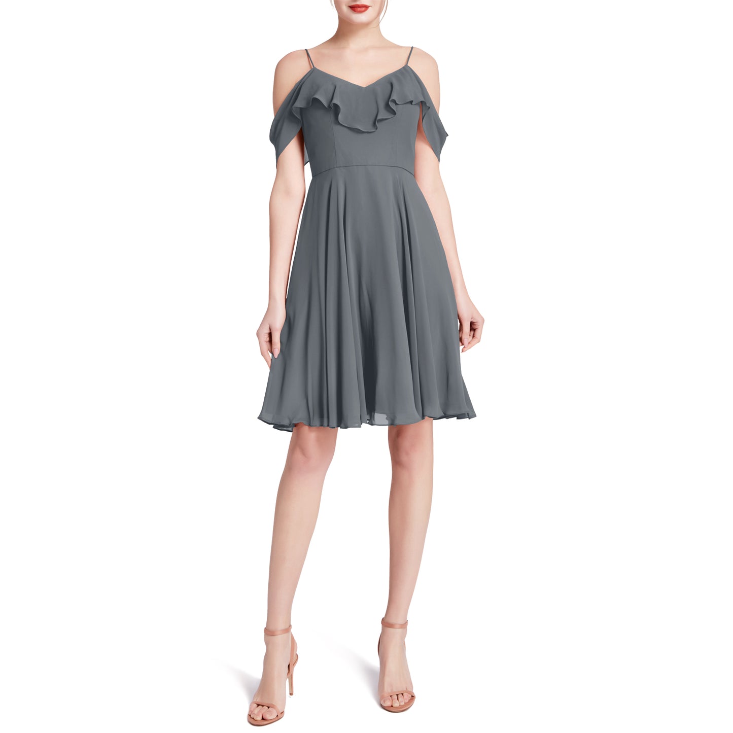 MACloth Damen-Kleid mit kalten Schultern und Rüschen, kurz, für Hochzeit, Party, Brautjungfern