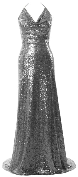 MACloth Women Halter Long Sequin Bridesmaid Dresses Party Evening Gown Maxi