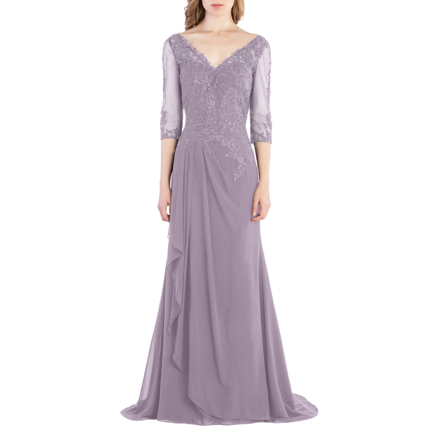 Vestido de novia largo de encaje con escote en V y mangas 3/4 de MACloth para madre de la novia y dama de honor