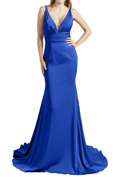 MACloth Women Long V Neck Crepe Mermaid Prom Party Dresses Evening Gown