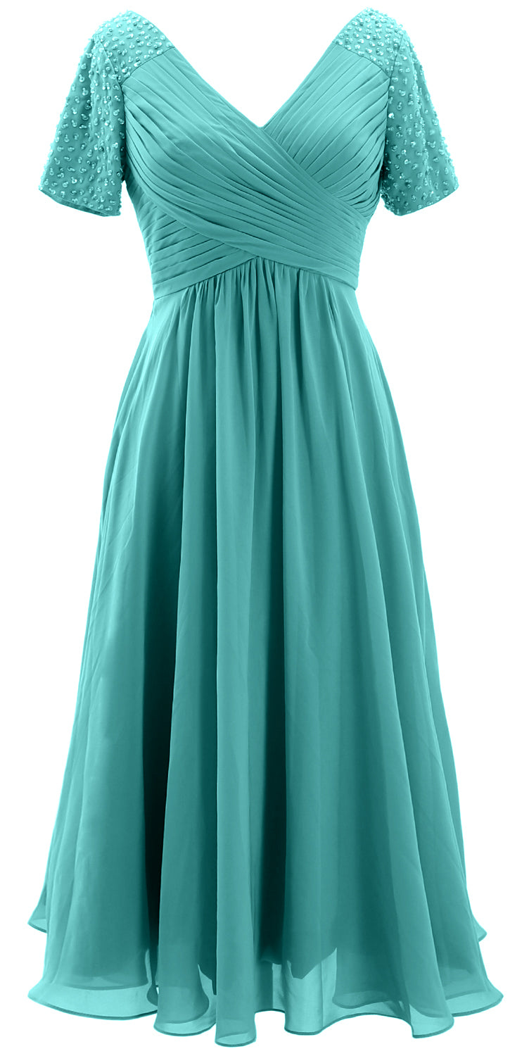 MACloth Damen Midi-Kleid für die Brautmutter, kurze Ärmel, für Hochzeitsgäste, wadenlang