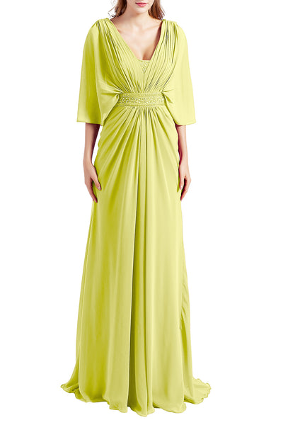 MACloth Women Elegant Long V Neck Mother of Bride Dresses Evening Gown Sleeves