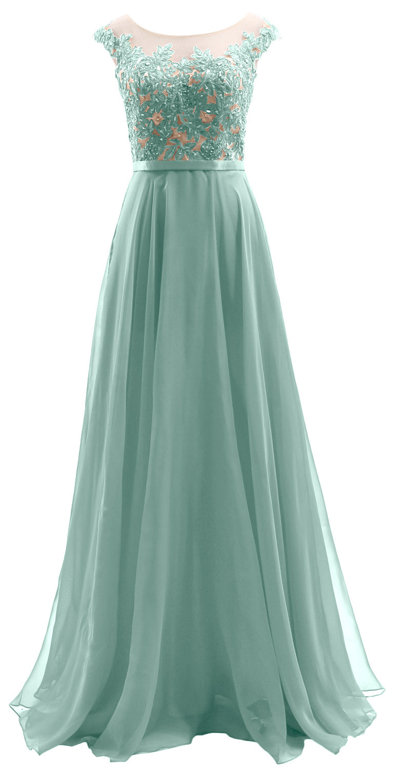 MACloth Cap Sleeves Illusion Long Prom Dress Lace Chiffon Wedding Party Dress