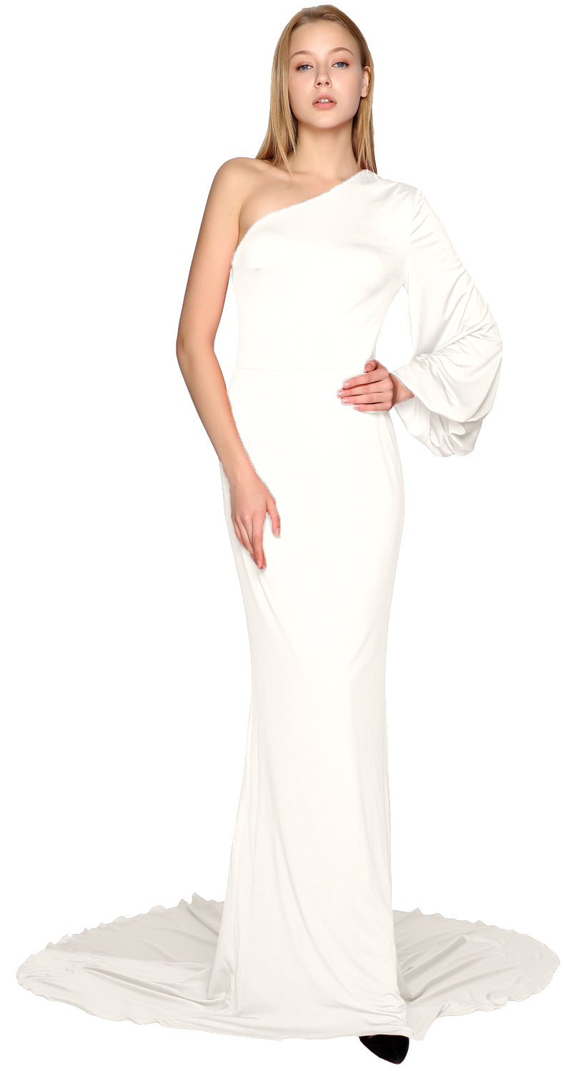 Vestidos de fiesta de sirena MACloth de un hombro con mangas largas y jersey, vestido de noche formal