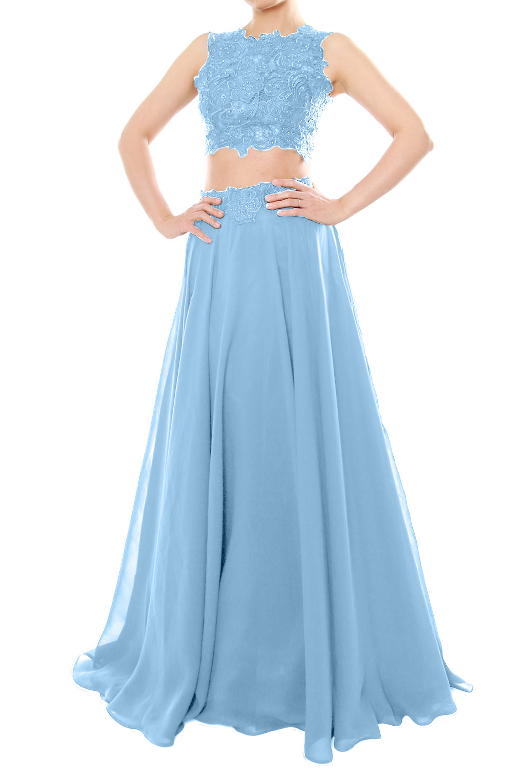 MACloth Vestido largo de gasa con encaje y cuello alto de dos piezas para mujer, vestido de fiesta formal para graduación