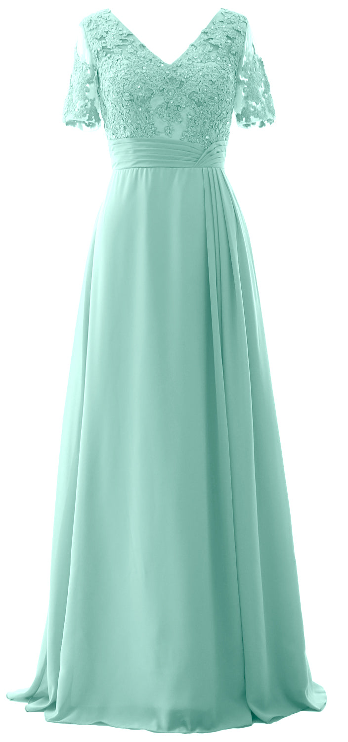 MACloth Women V Neck Long Mother of Bride Dresss Lace Evening Gown Short Sleeves