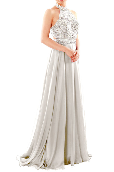 MACloth Women Halter High Neck Sleeveless Long Prom Party Dress Evening Gown