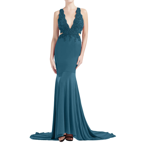 MACloth Women Mermaid V Plunging Neck Lace Long Prom Dresses Formal Evening Gown