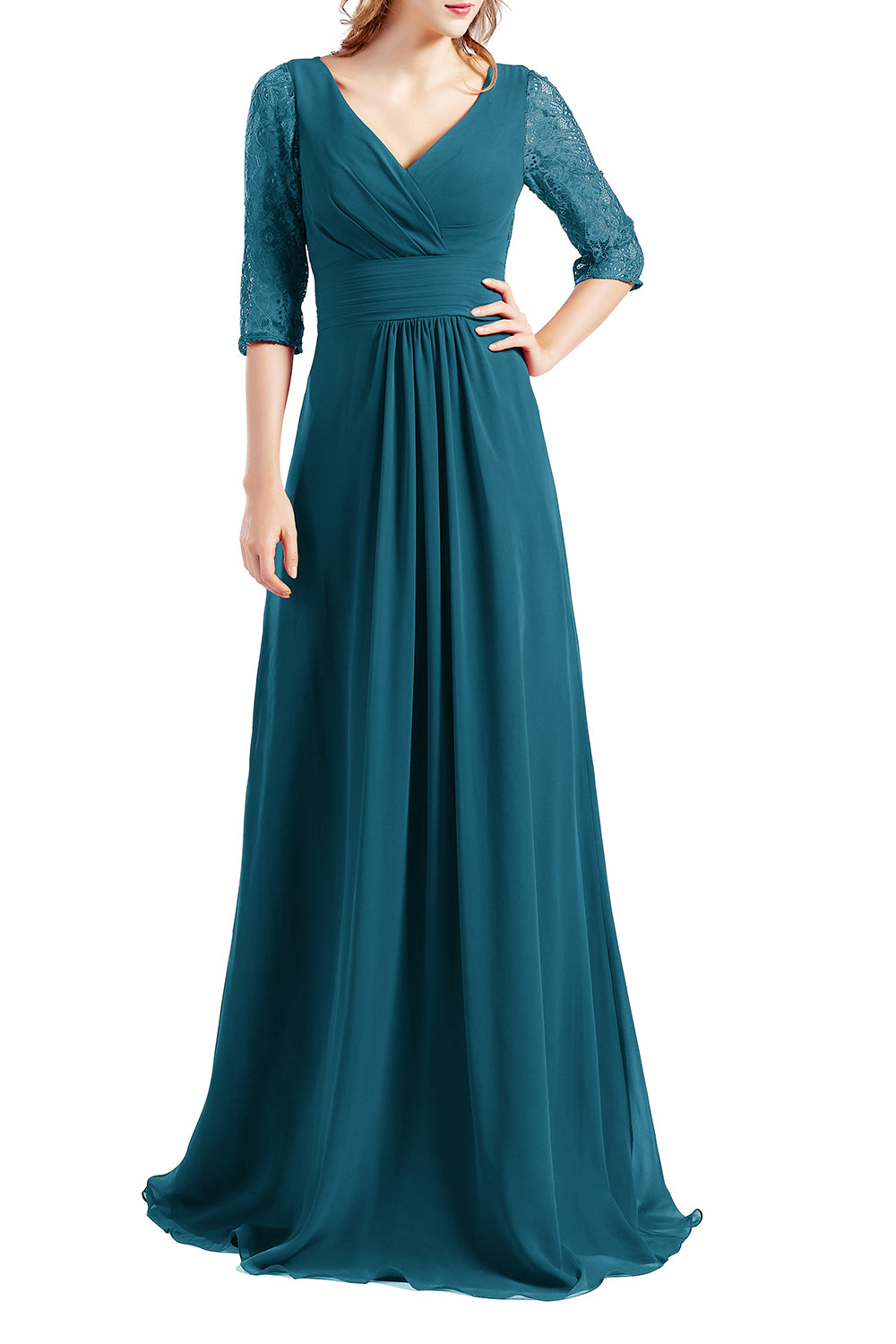 MACloth Damen-Kleid, Halbarm, V-Ausschnitt, Spitze, lang, für Hochzeit, Party, Brautjungfer, Mutter