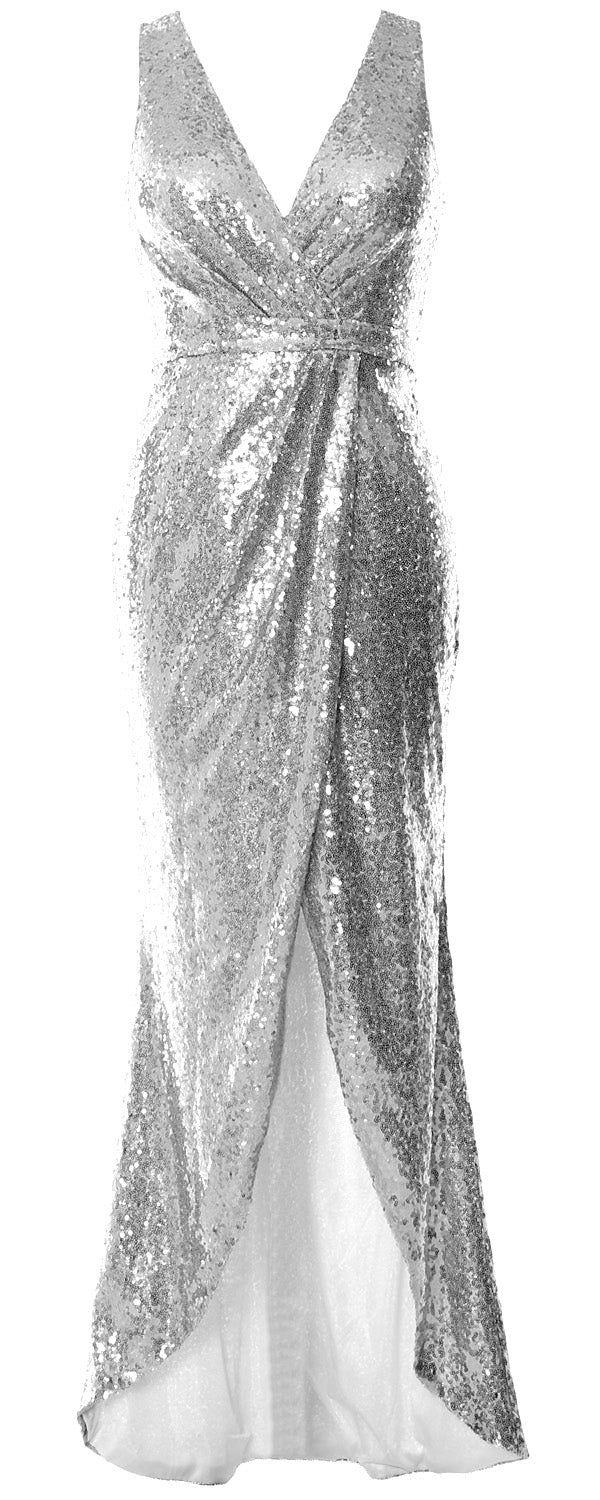 MACloth Women Sequin V Neck Wrap Long Bridesmaid Dresses Wedding Prom Gown