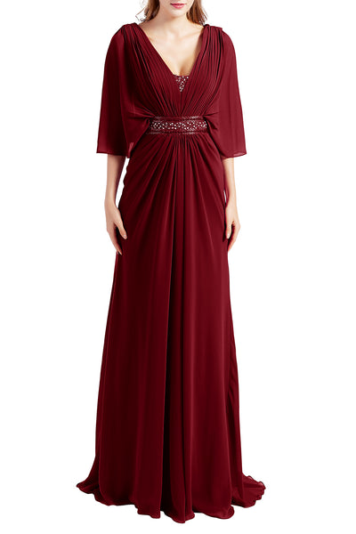 MACloth Women Elegant Long V Neck Mother of Bride Dresses Evening Gown Sleeves
