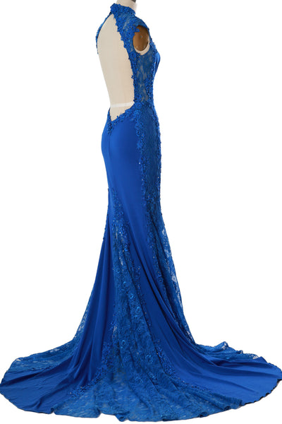 MACloth Women Prom Dresses Mermaid High Neck Sleeveless Lace Formal Evening Gown