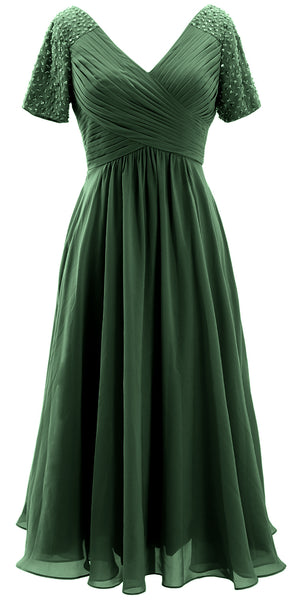 MACloth Women Midi Mother Bride Dresses Short Sleeves Wedding Guest Tea Length
