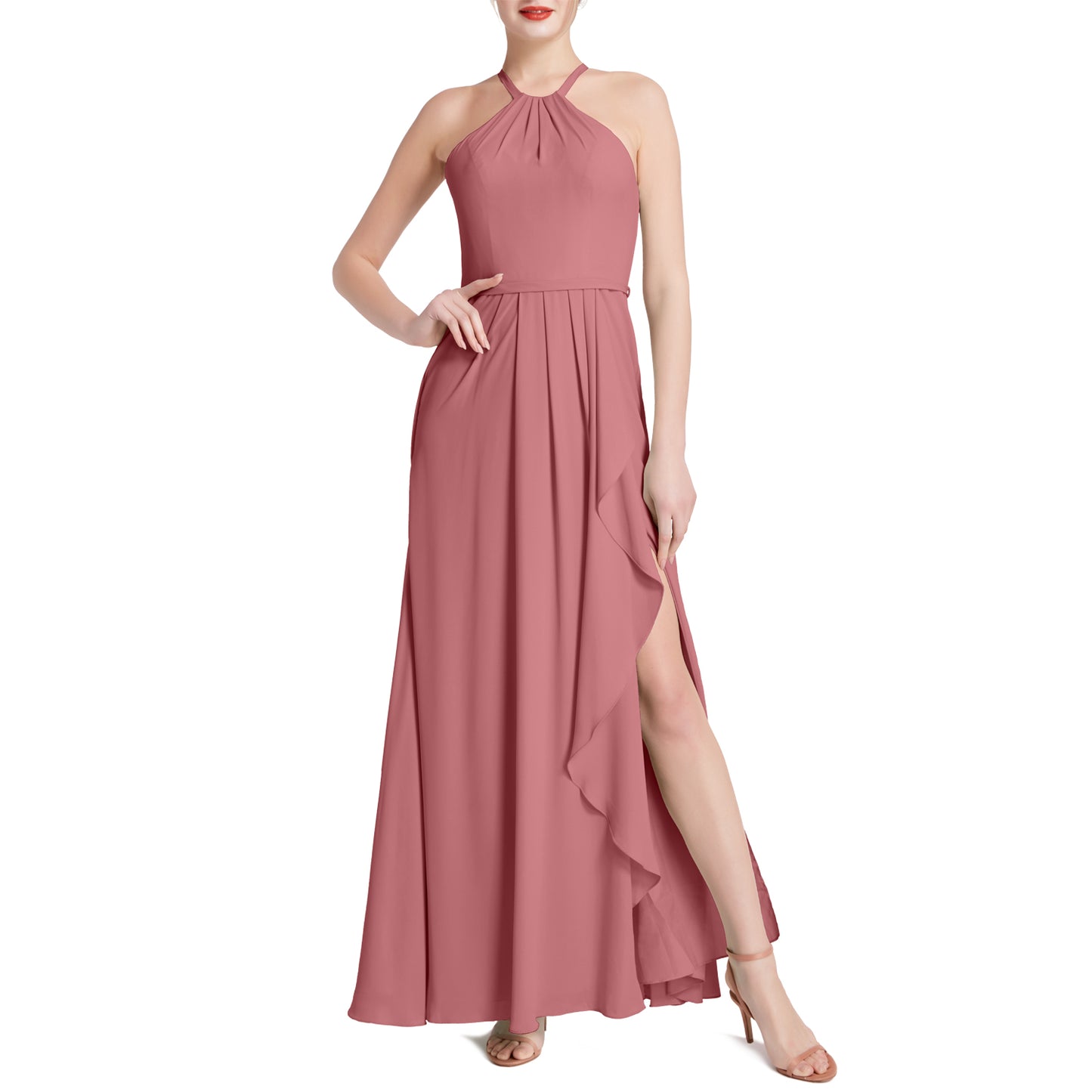 MACloth Damen Neckholder Langes Maxikleid für Hochzeit, Party, Brautjungfern, mit drapiertem Schlitz