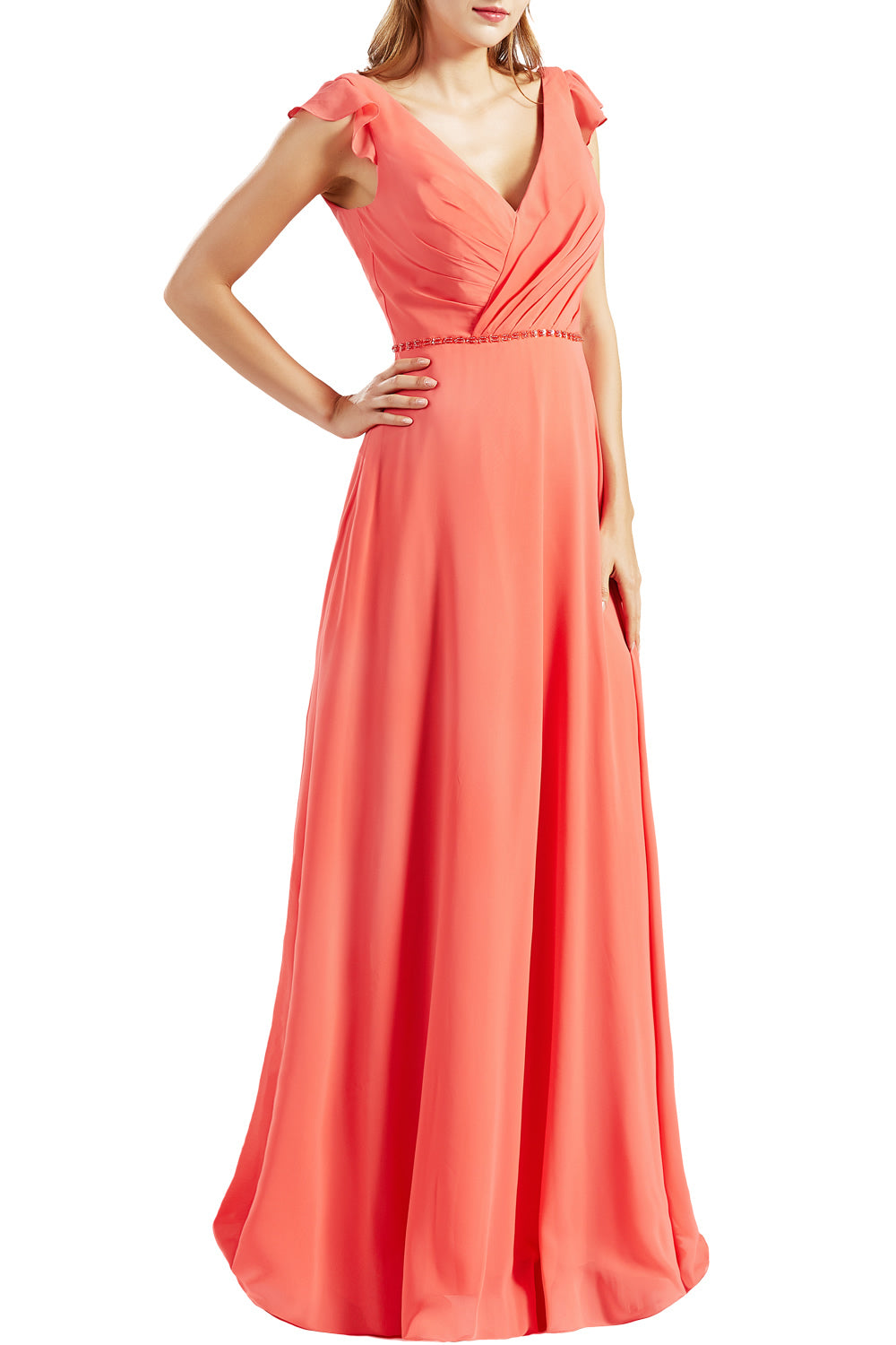 MACloth Women Cap Sleeves V Neck Chiffon Long Bridesmaid Dresses Evening Gown