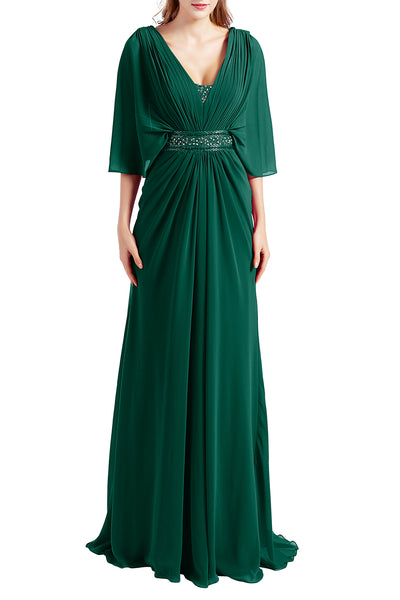 MACloth Women Elegant Long V Neck Mother of Bride Dresses Evening Gown Sleeves