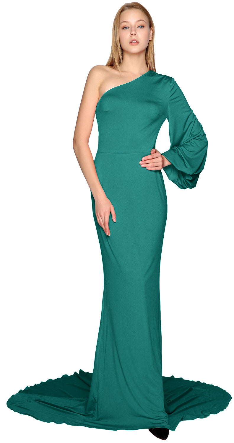 Vestidos de fiesta de sirena MACloth de un hombro con mangas largas y jersey, vestido de noche formal