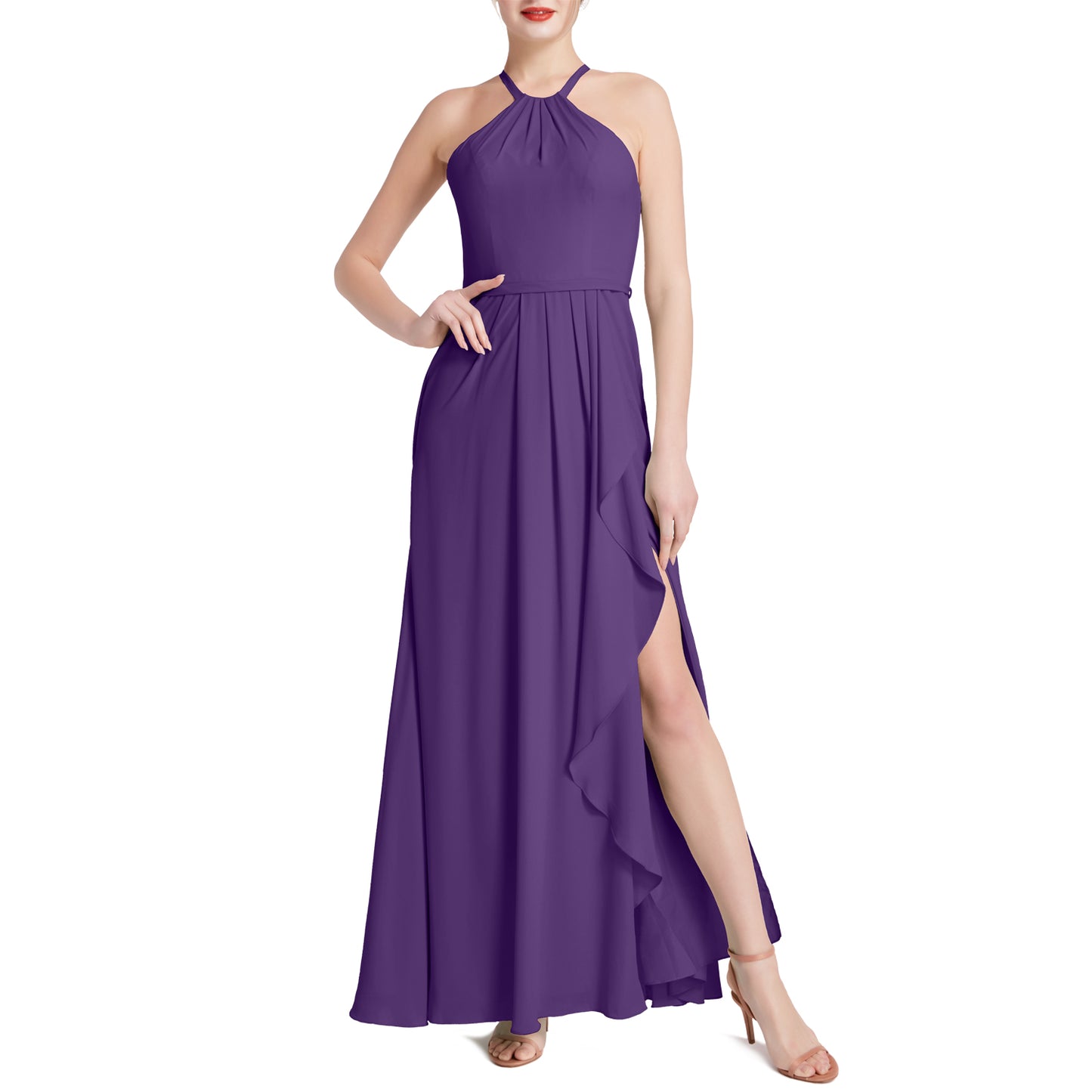 MACloth Damen Neckholder Langes Maxikleid für Hochzeit, Party, Brautjungfern, mit drapiertem Schlitz