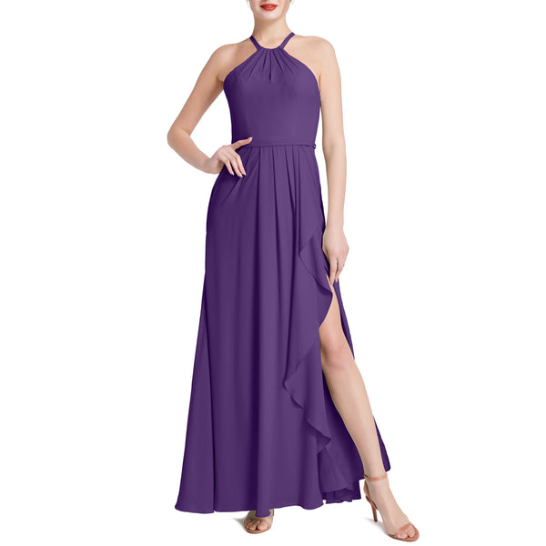 MACloth Women Halter Long Maxi Wedding Party Bridesmaid Dresses with Drape Slit